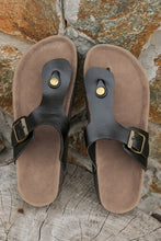 Load image into Gallery viewer, Black Buckle Leather Thong Slippers