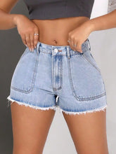 Load image into Gallery viewer, Raw Hem Pocketed Denim Shorts
